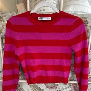 Zara Bold Red and Pink Striped Crop Sweater Top, size L, Excellent Condition